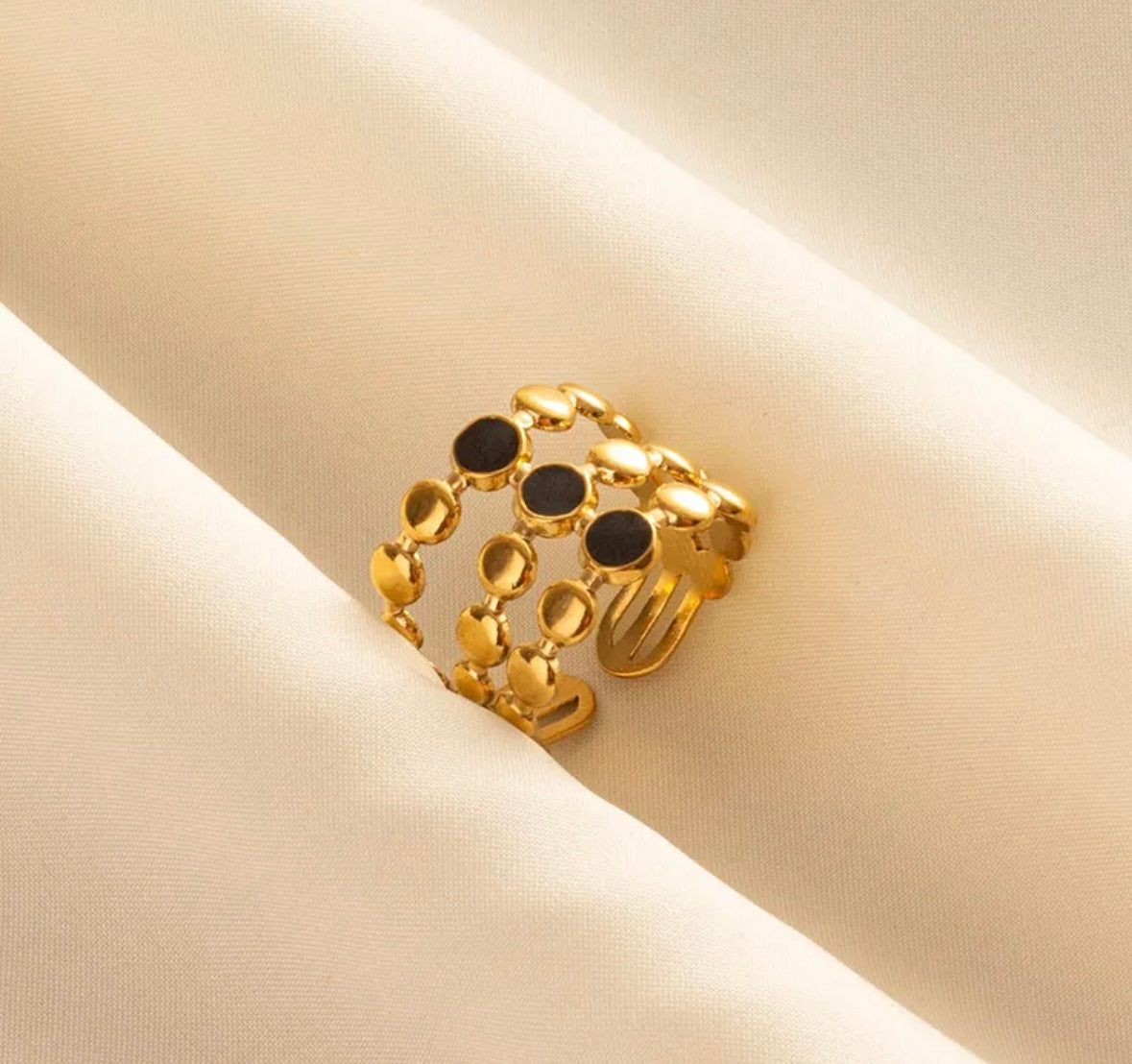 Triple Layer Gold Ring with Black Stone