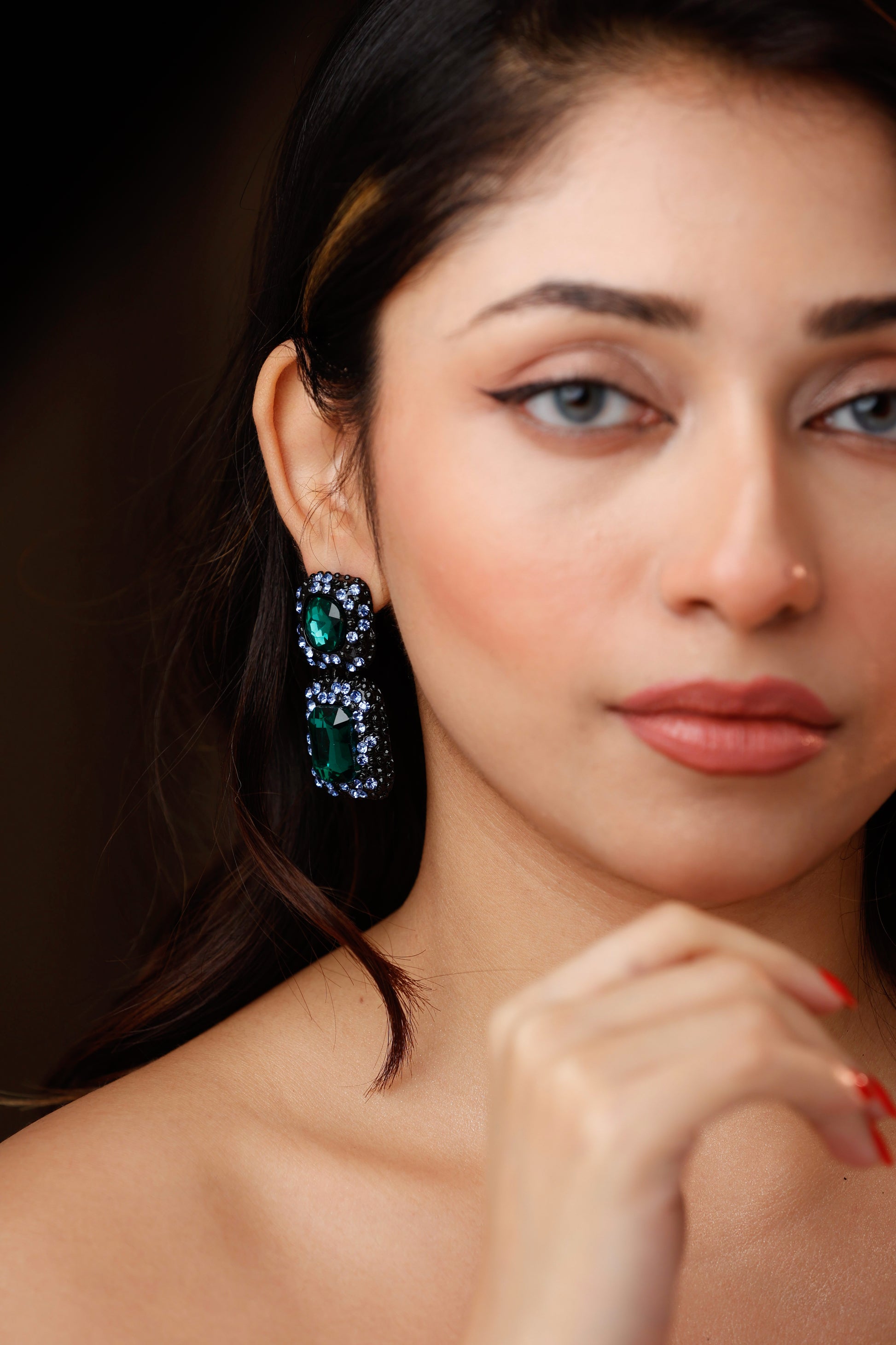 Green Stone Double Embellished Earring