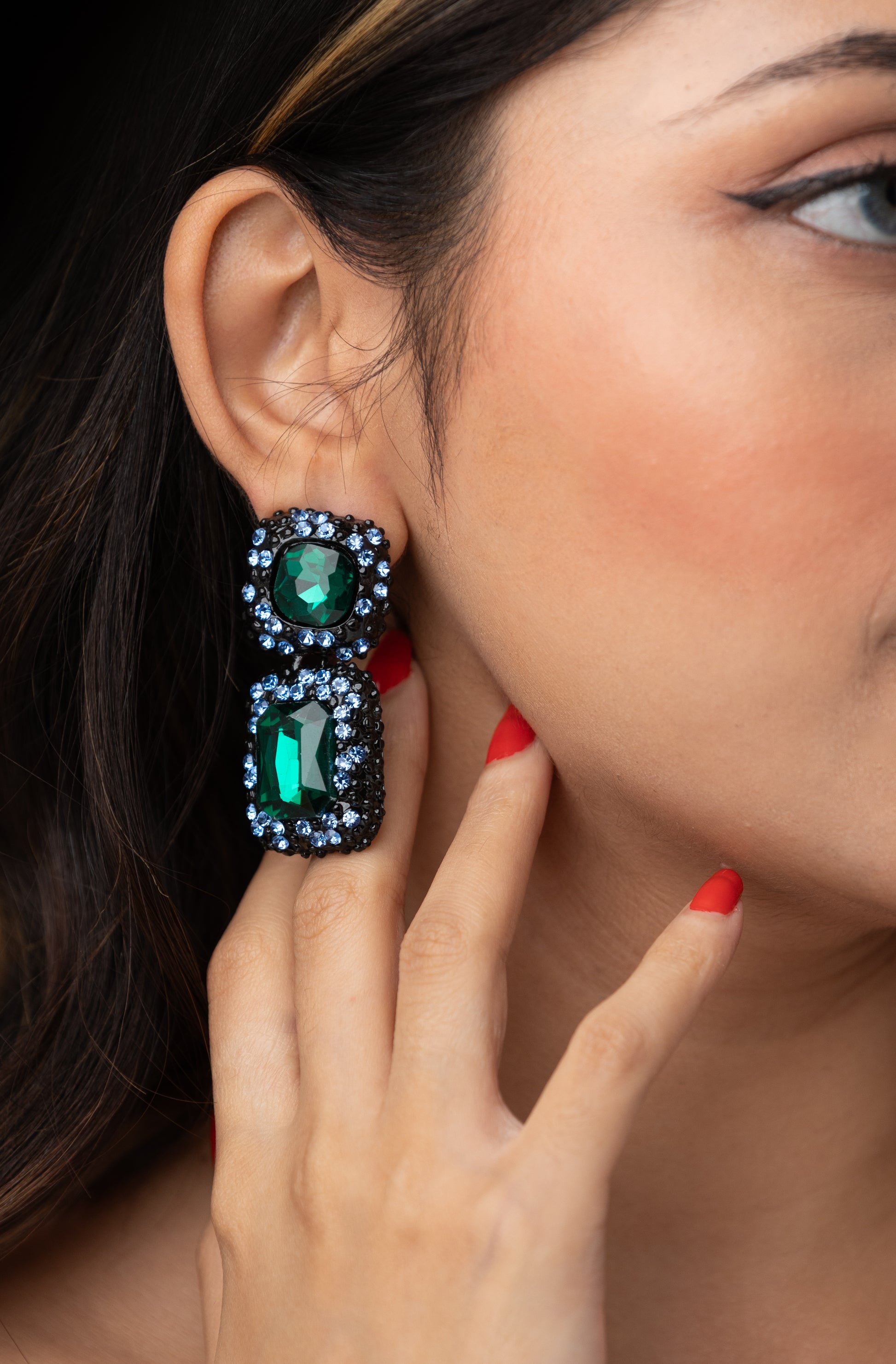 Green Stone Double Embellished Earring