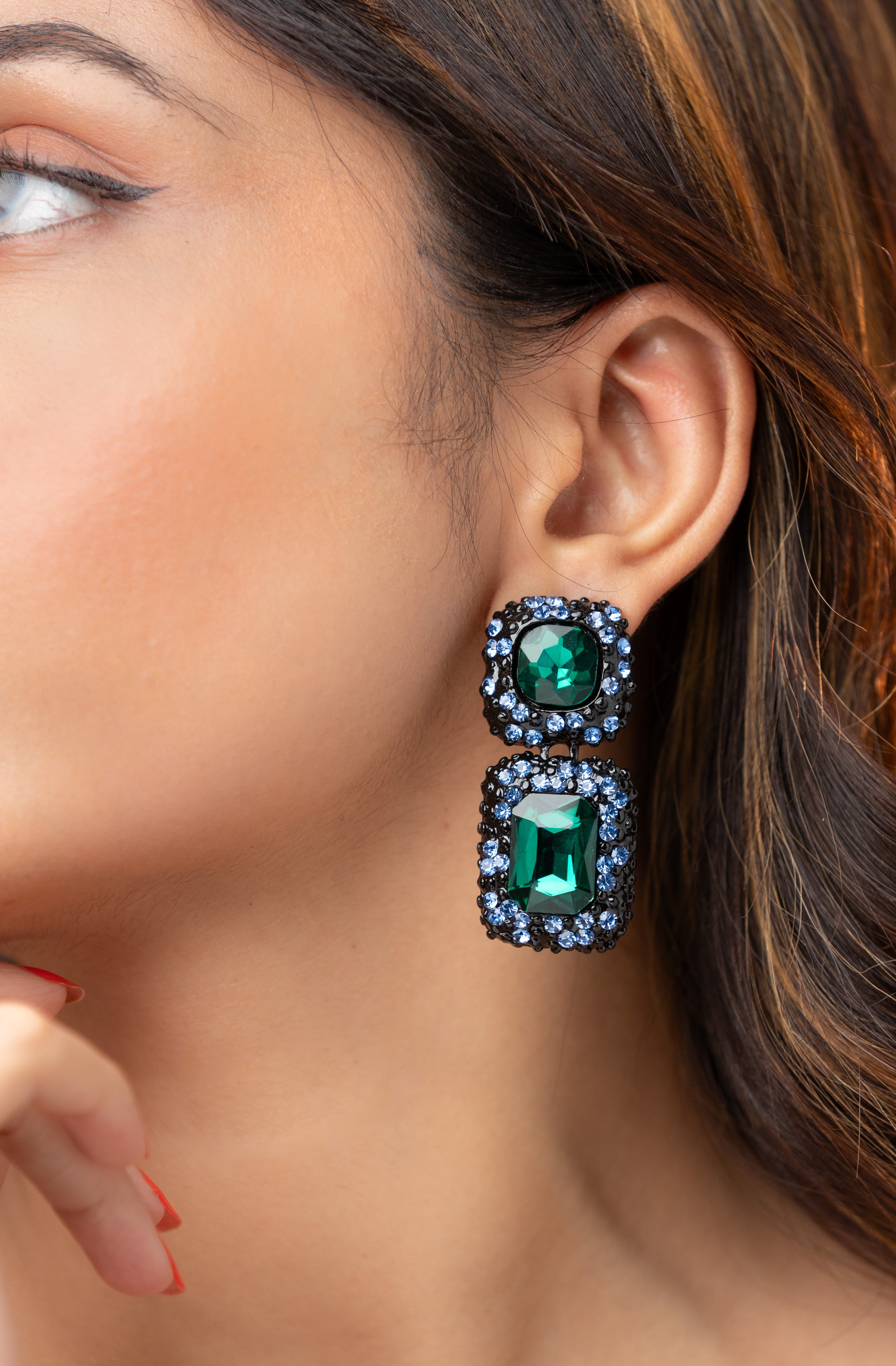 Green Stone Double Embellished Earring