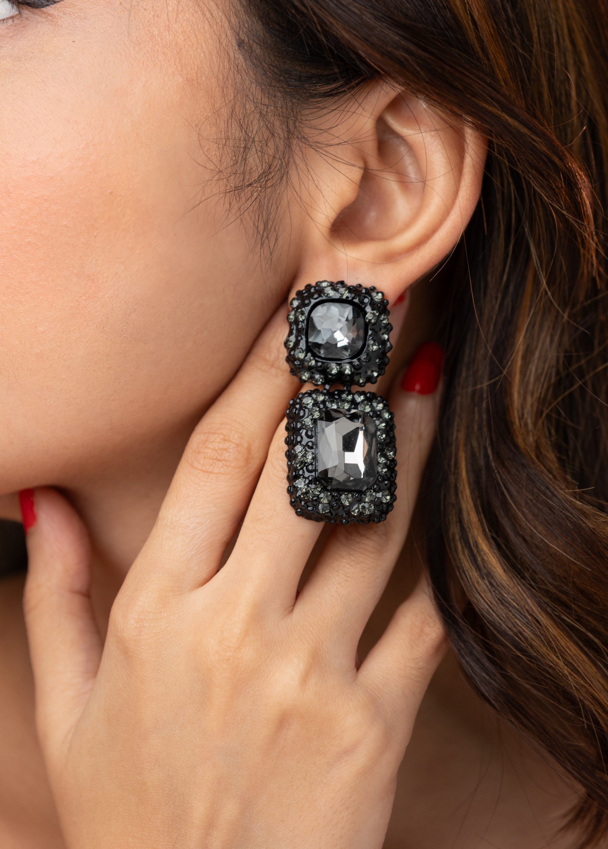 Grey Stone Double Embellished Earring