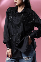 Black Italian Cotton Sequin Asymmetric Shirt