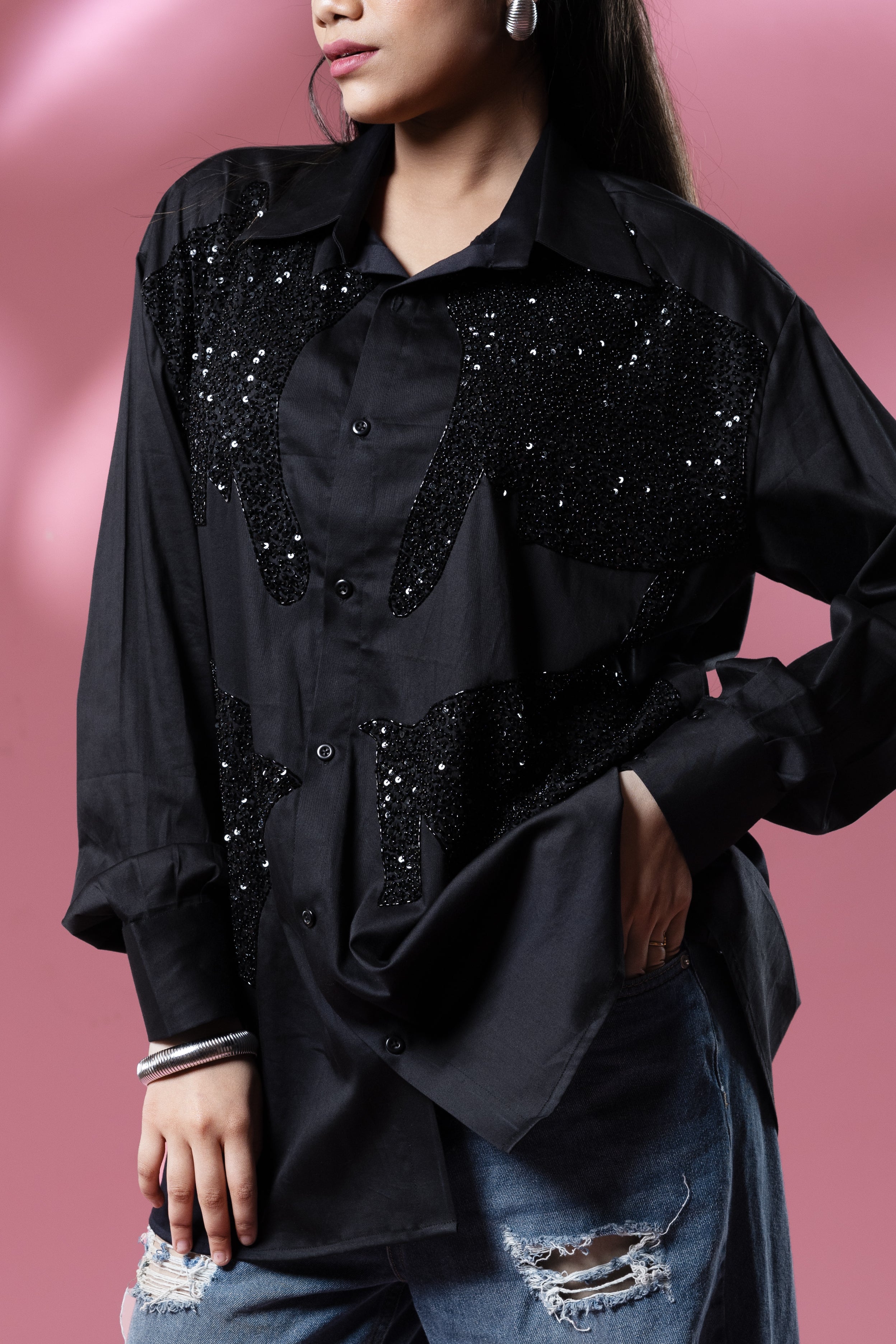 Black Italian Cotton Sequin Asymmetric Shirt