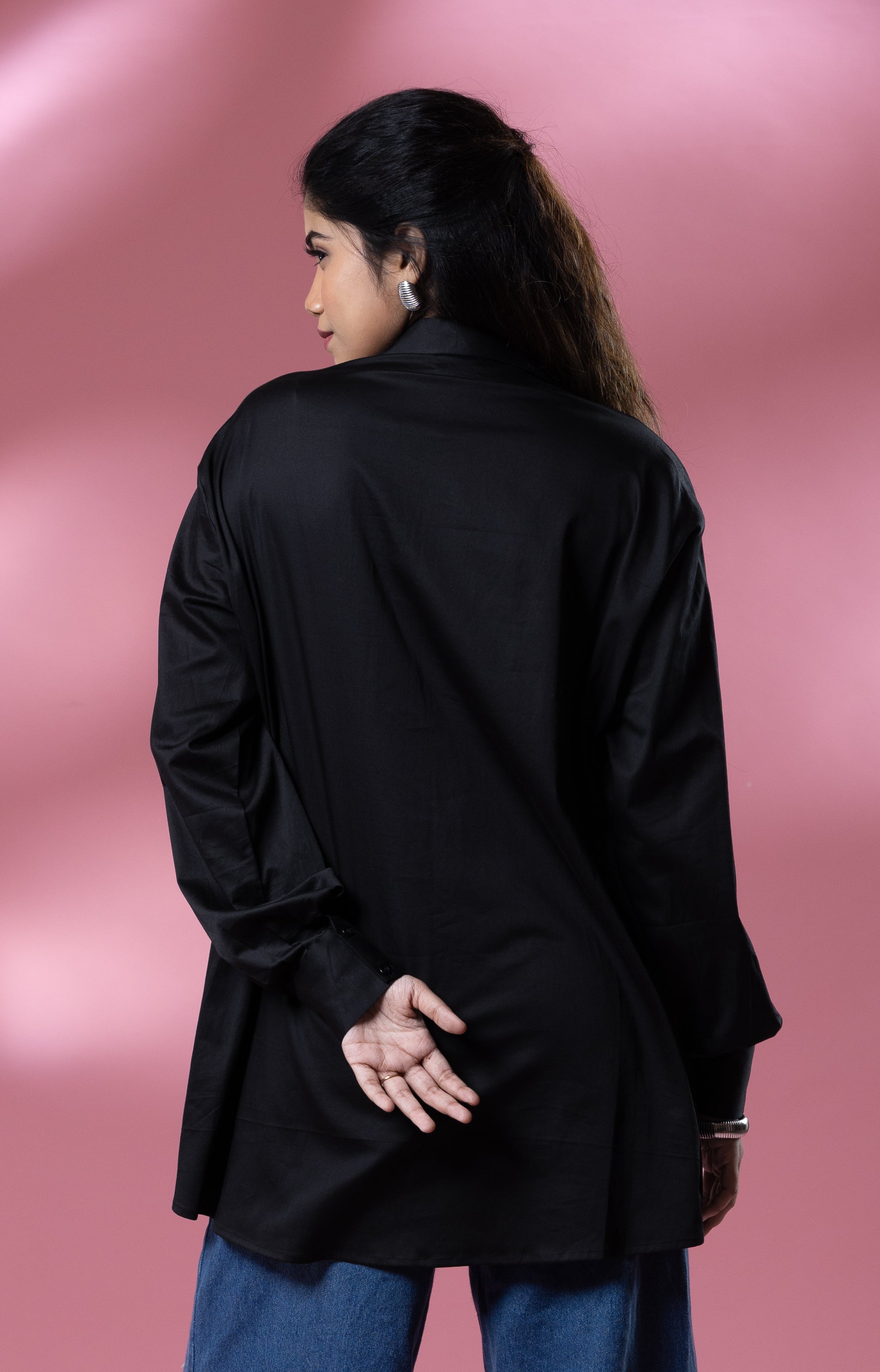 Black Italian Cotton Sequin Asymmetric Shirt