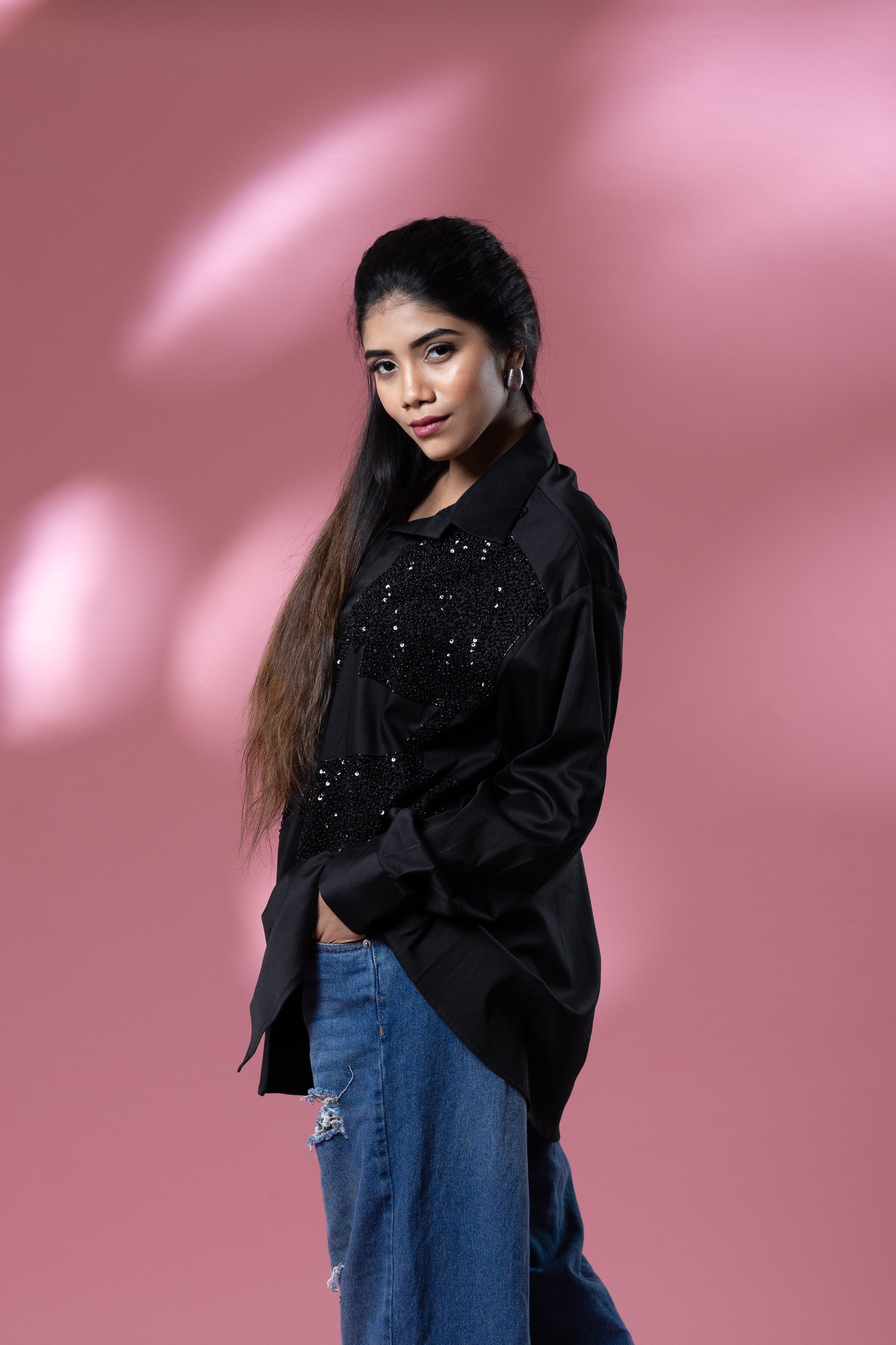 Black Italian Cotton Sequin Asymmetric Shirt