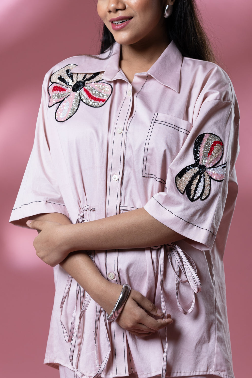 Pink Italian Cotton Sequin Double Flower Patch Co Ord