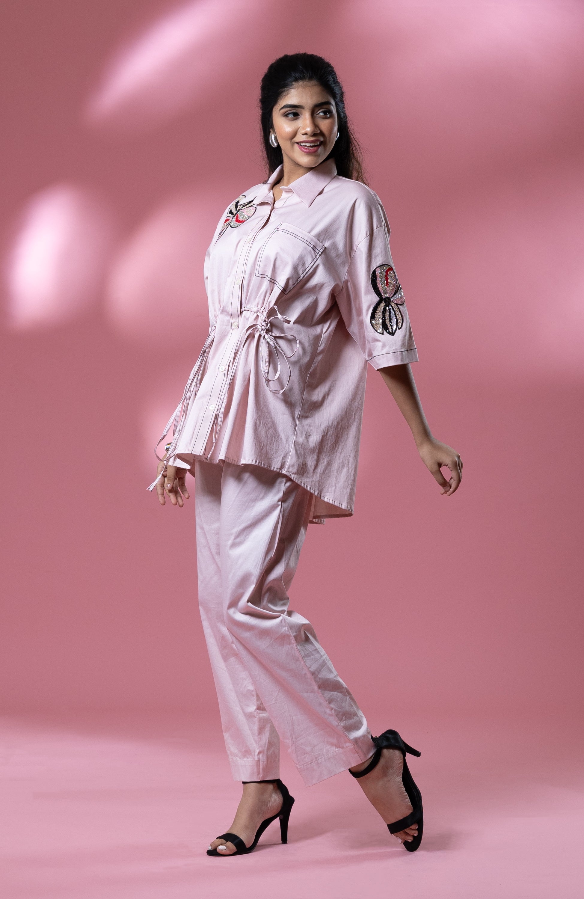 Pink Italian Cotton Sequin Double Flower Patch Co Ord