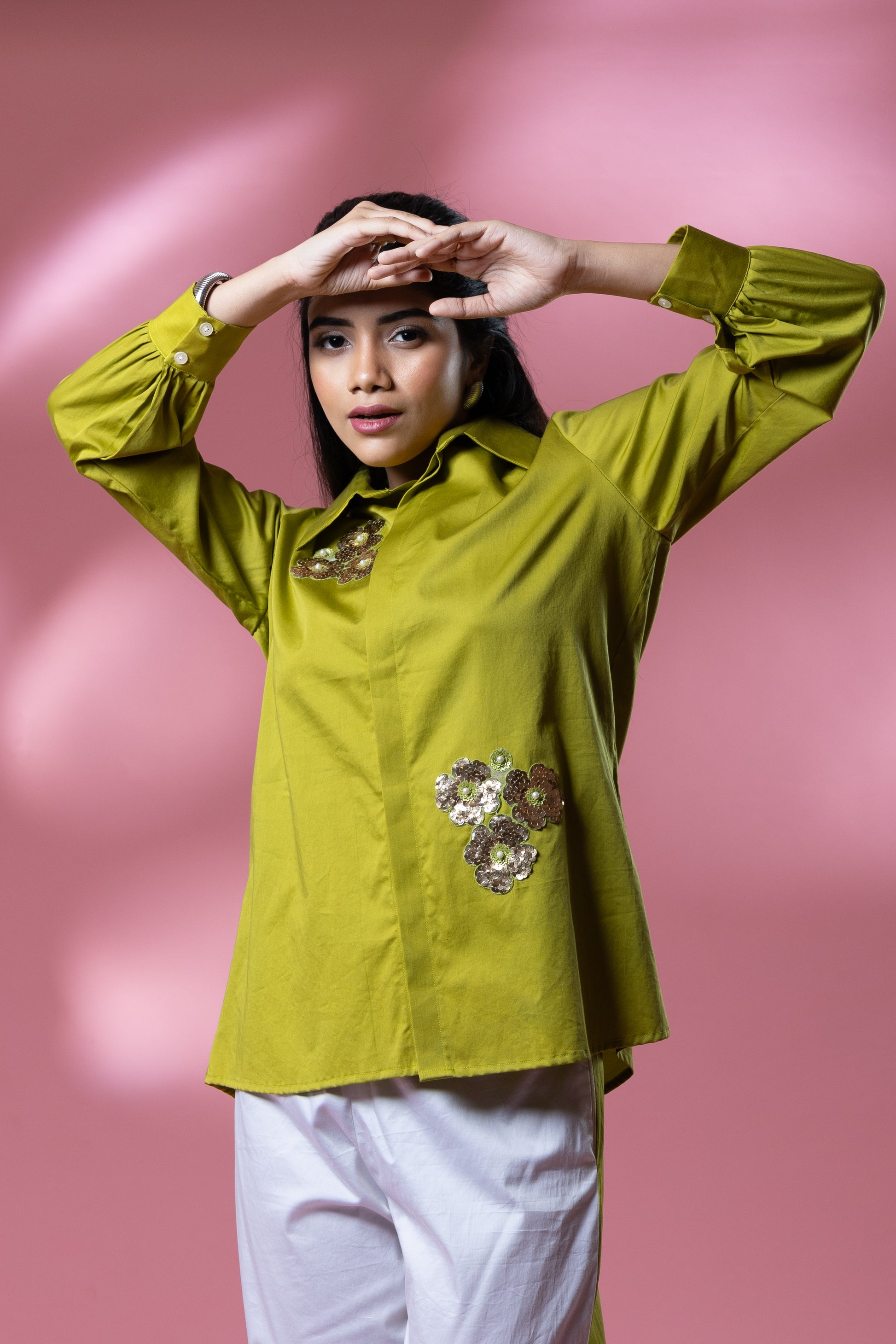 Green Italian Cotton Sequin Flower Patches Co-ord