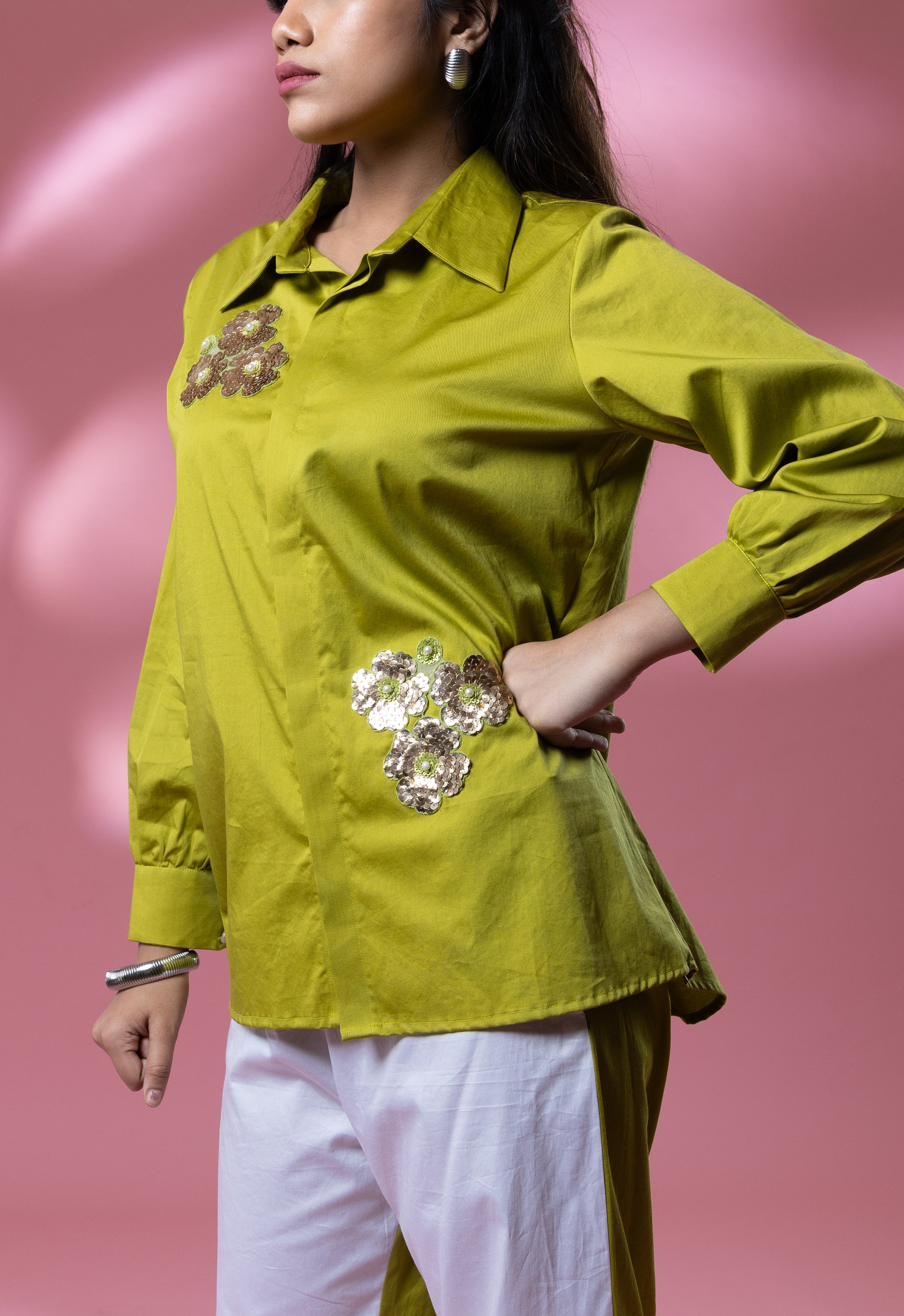 Green Italian Cotton Sequin Flower Patches Co-ord