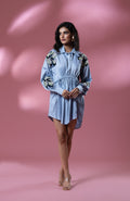 Blue Italian Cotton Sequin Asymmetric Patched Short Dress