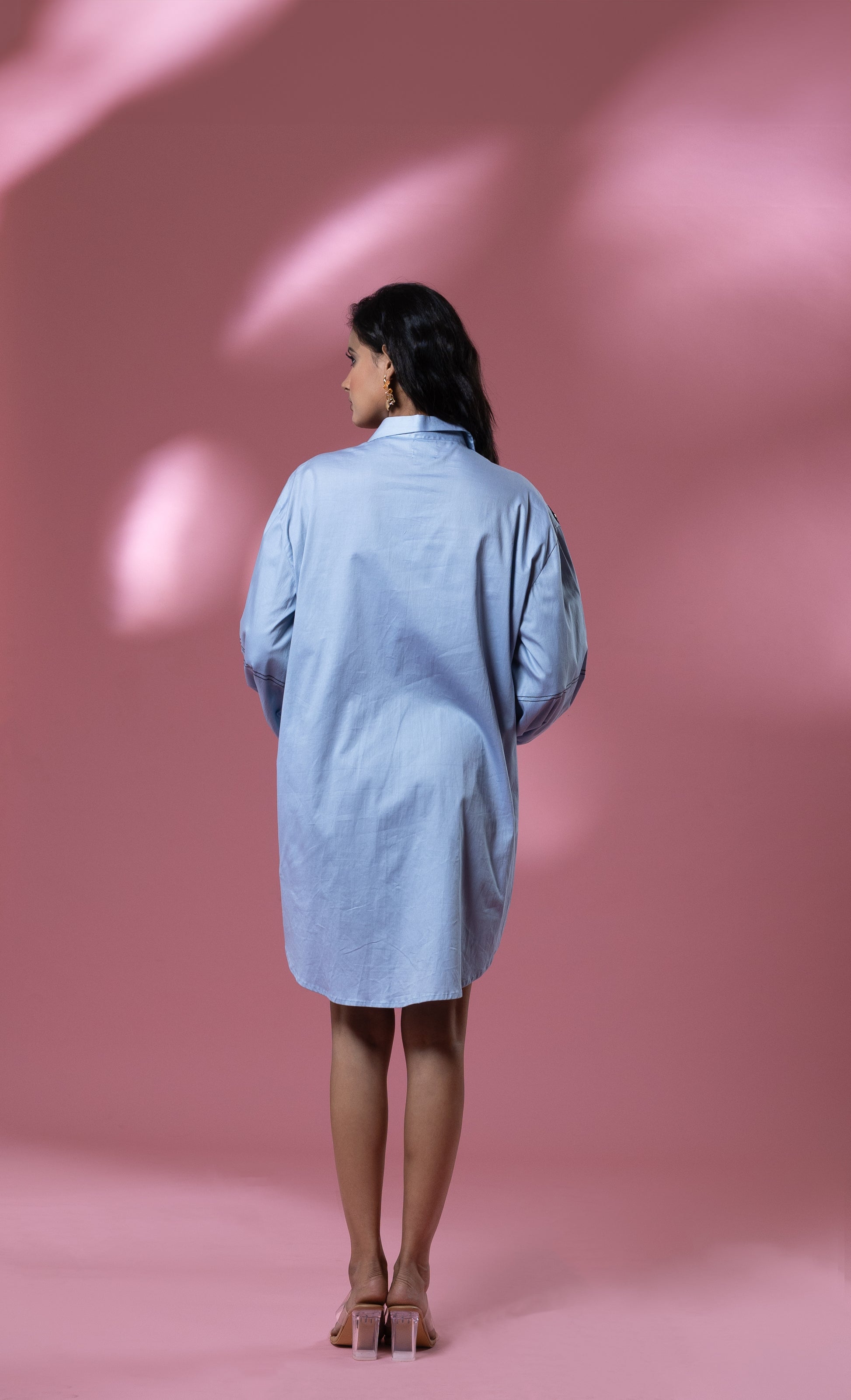 Blue Italian Cotton Sequin Asymmetric Patched Short Dress