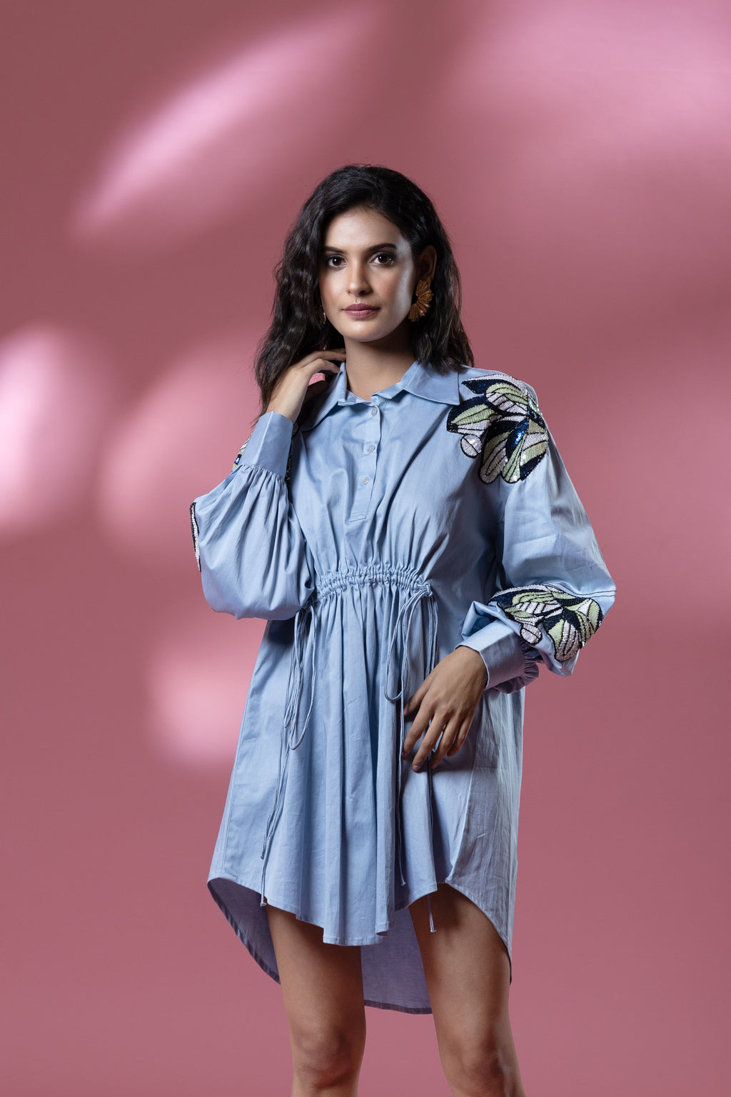 Blue Italian Cotton Sequin Asymmetric Patched Short Dress