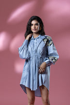 Blue Italian Cotton Sequin Asymmetric Patched Short Dress
