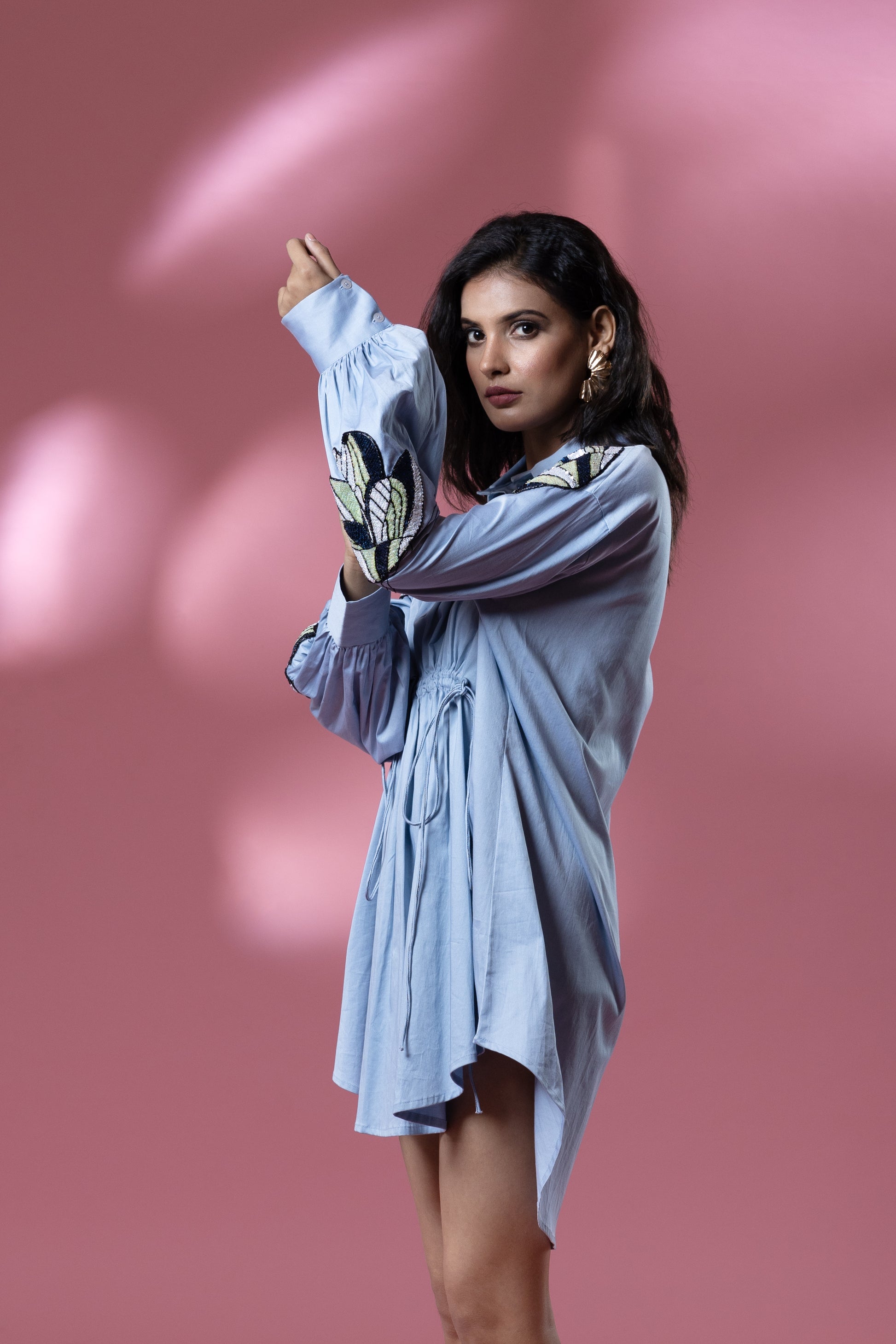 Blue Italian Cotton Sequin Asymmetric Patched Short Dress