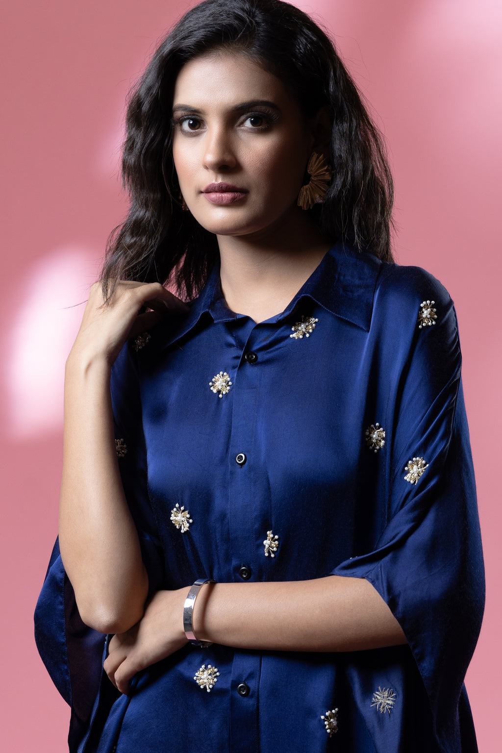 Indigo Bemberg Satin Flowy Embroidered Shirt