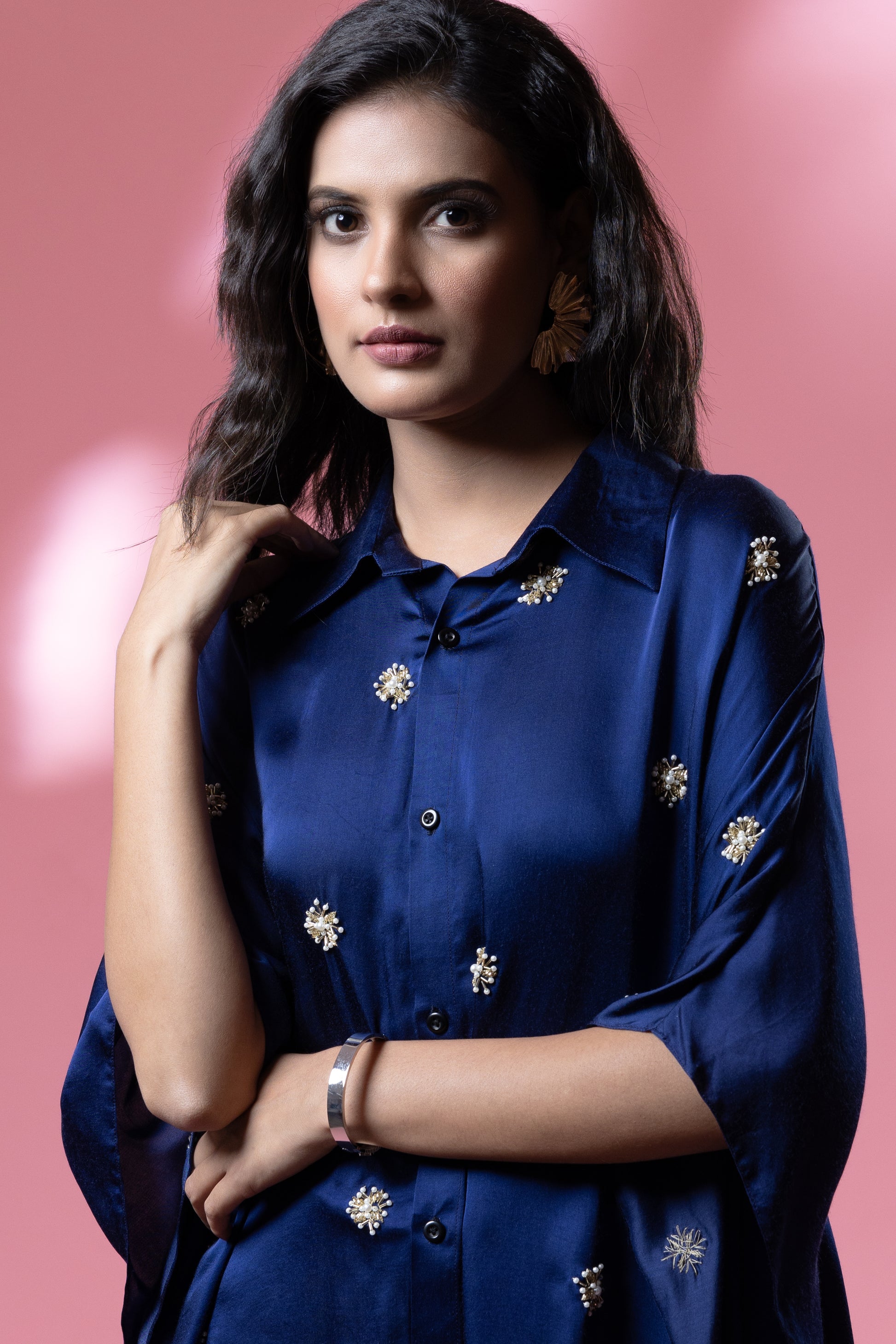 Indigo Bemberg Satin Flowy Embroidered Shirt