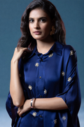 Indigo Bemberg Satin Flowy Embroidered Shirt