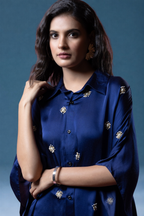 Indigo Bemberg Satin Flowy Embroidered Shirt