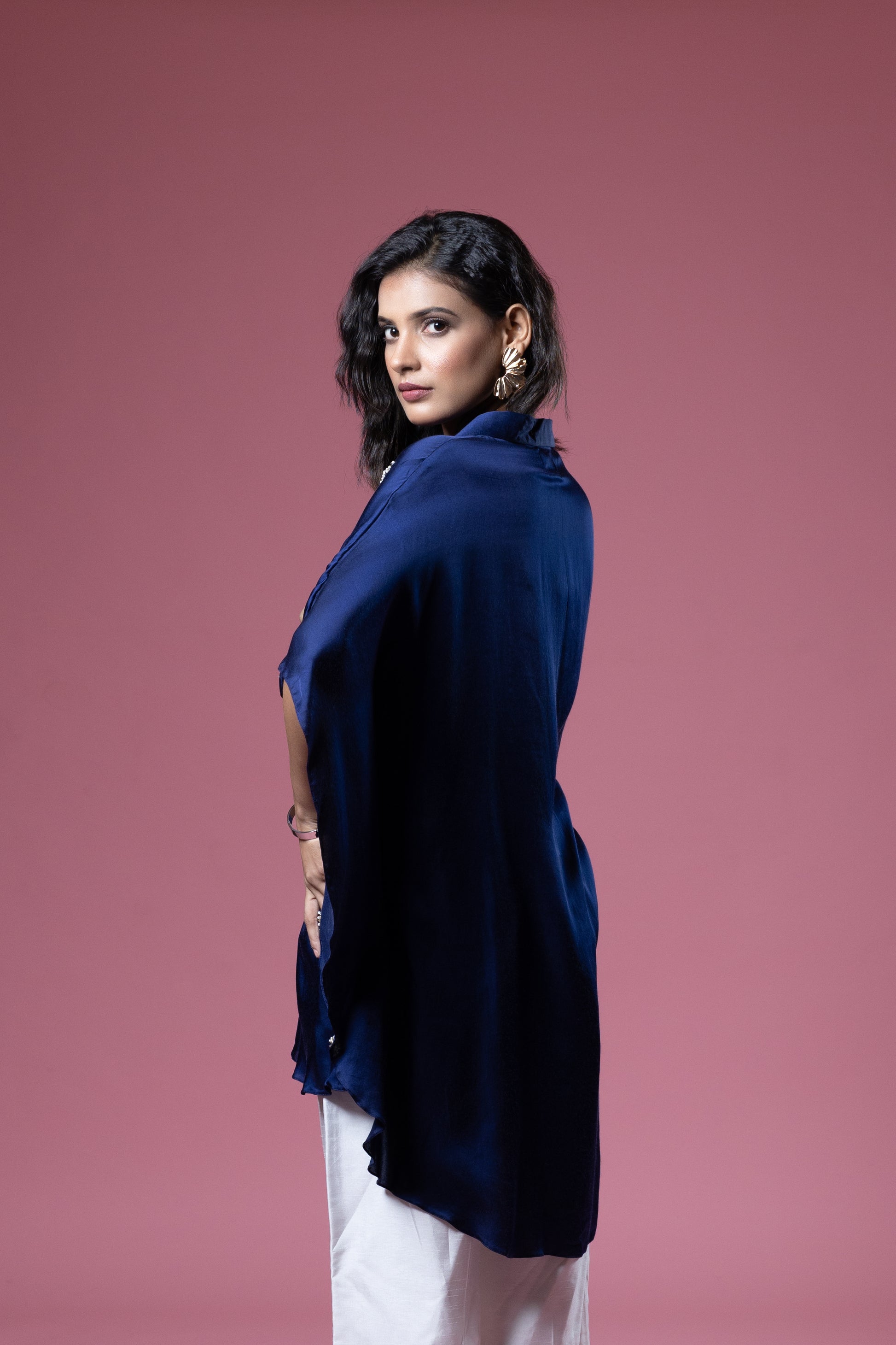 Indigo Bemberg Satin Flowy Embroidered Shirt