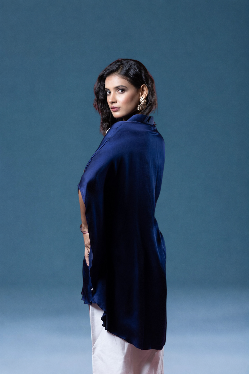 Indigo Bemberg Satin Flowy Embroidered Shirt