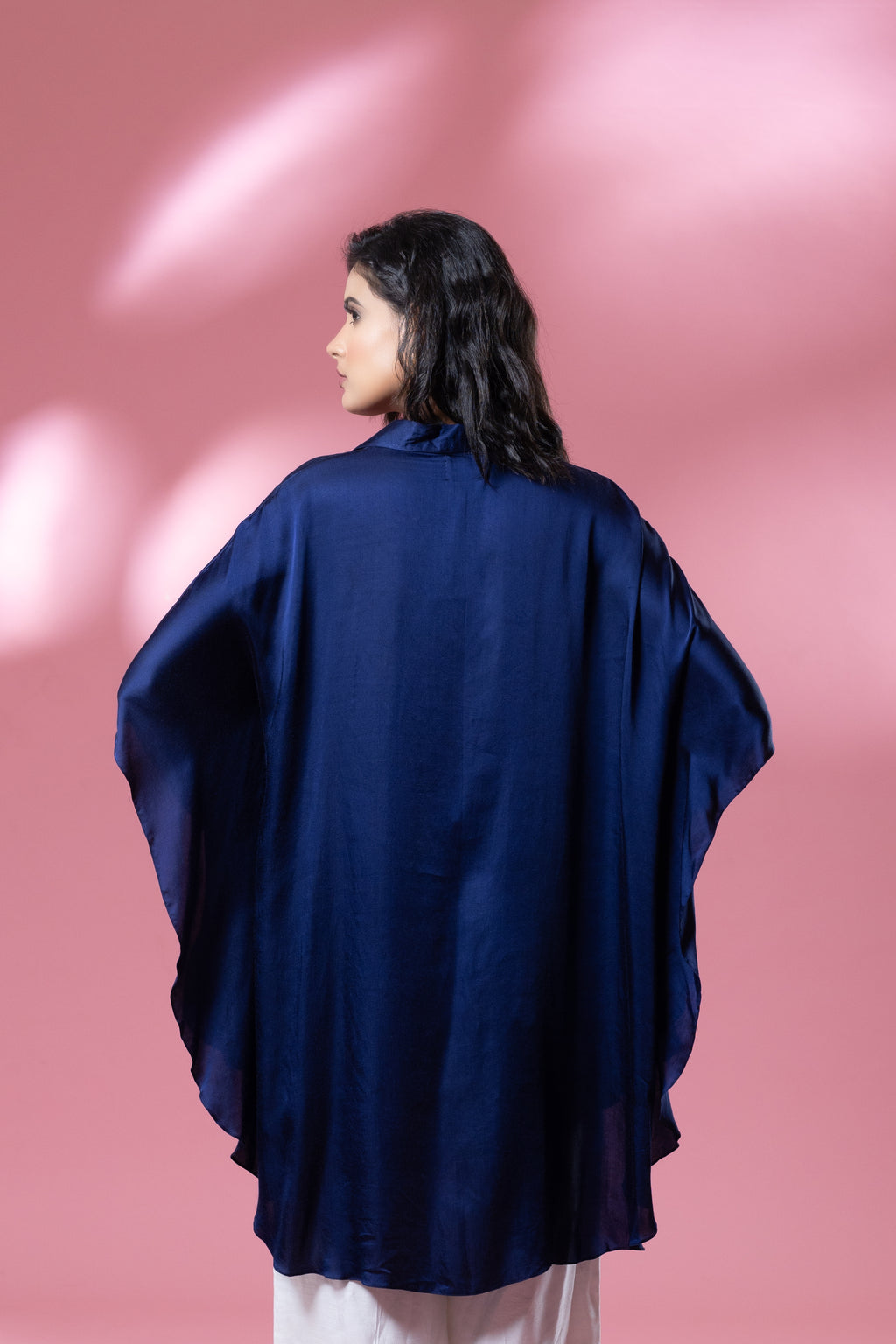 Indigo Bemberg Satin Flowy Embroidered Shirt