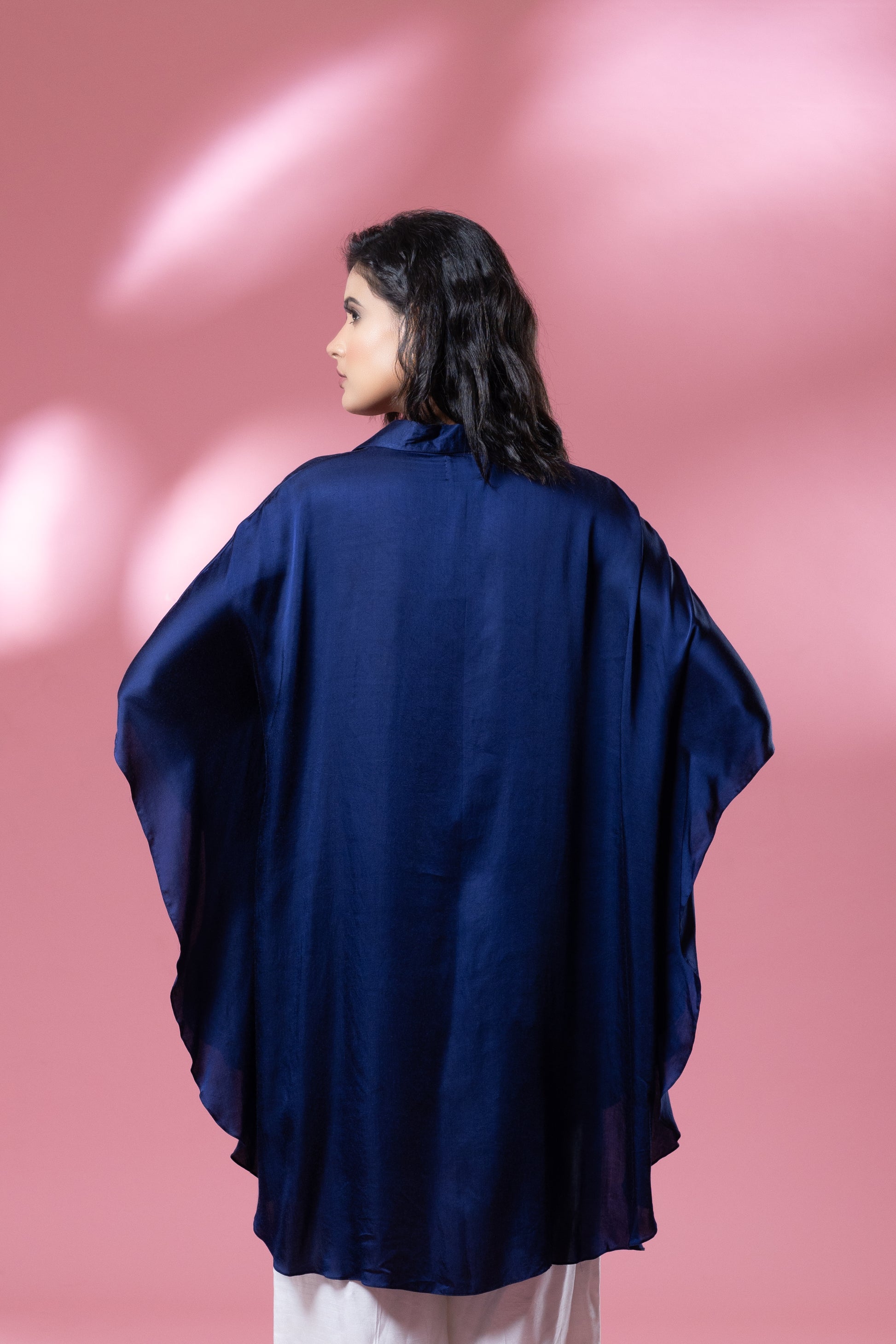 Indigo Bemberg Satin Flowy Embroidered Shirt