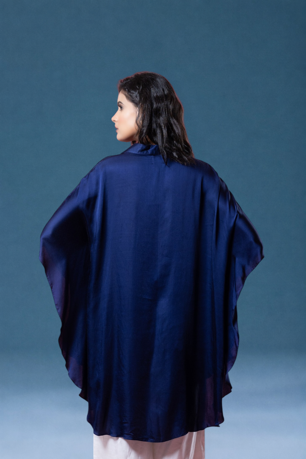 Indigo Bemberg Satin Flowy Embroidered Shirt