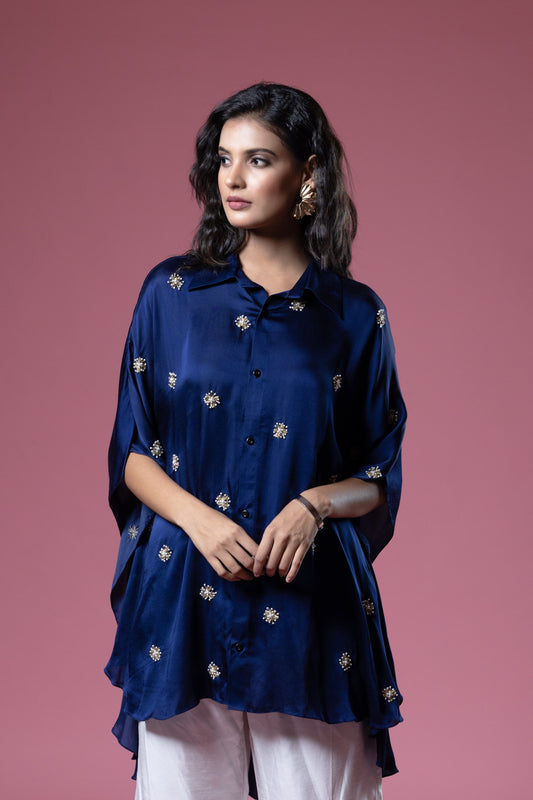 Indigo Bemberg Satin Flowy Embroidered Shirt