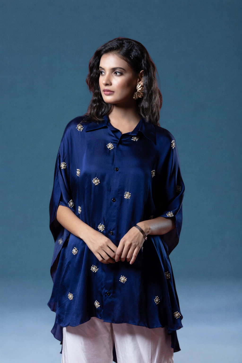 Indigo Bemberg Satin Flowy Embroidered Shirt