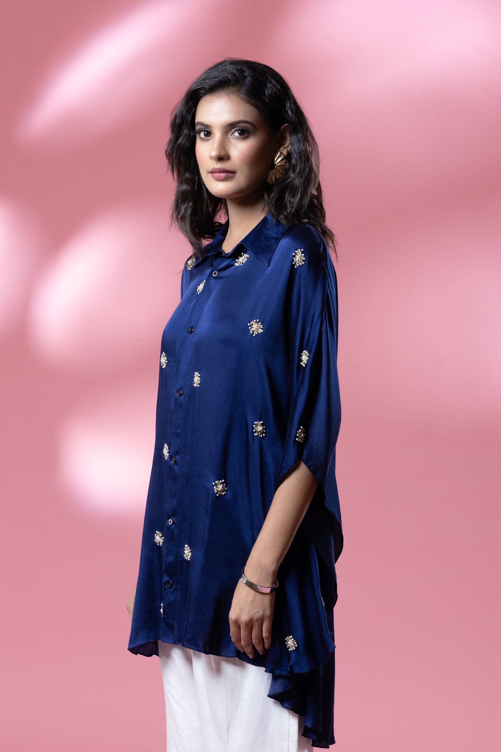 Indigo Bemberg Satin Flowy Embroidered Shirt