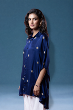 Indigo Bemberg Satin Flowy Embroidered Shirt