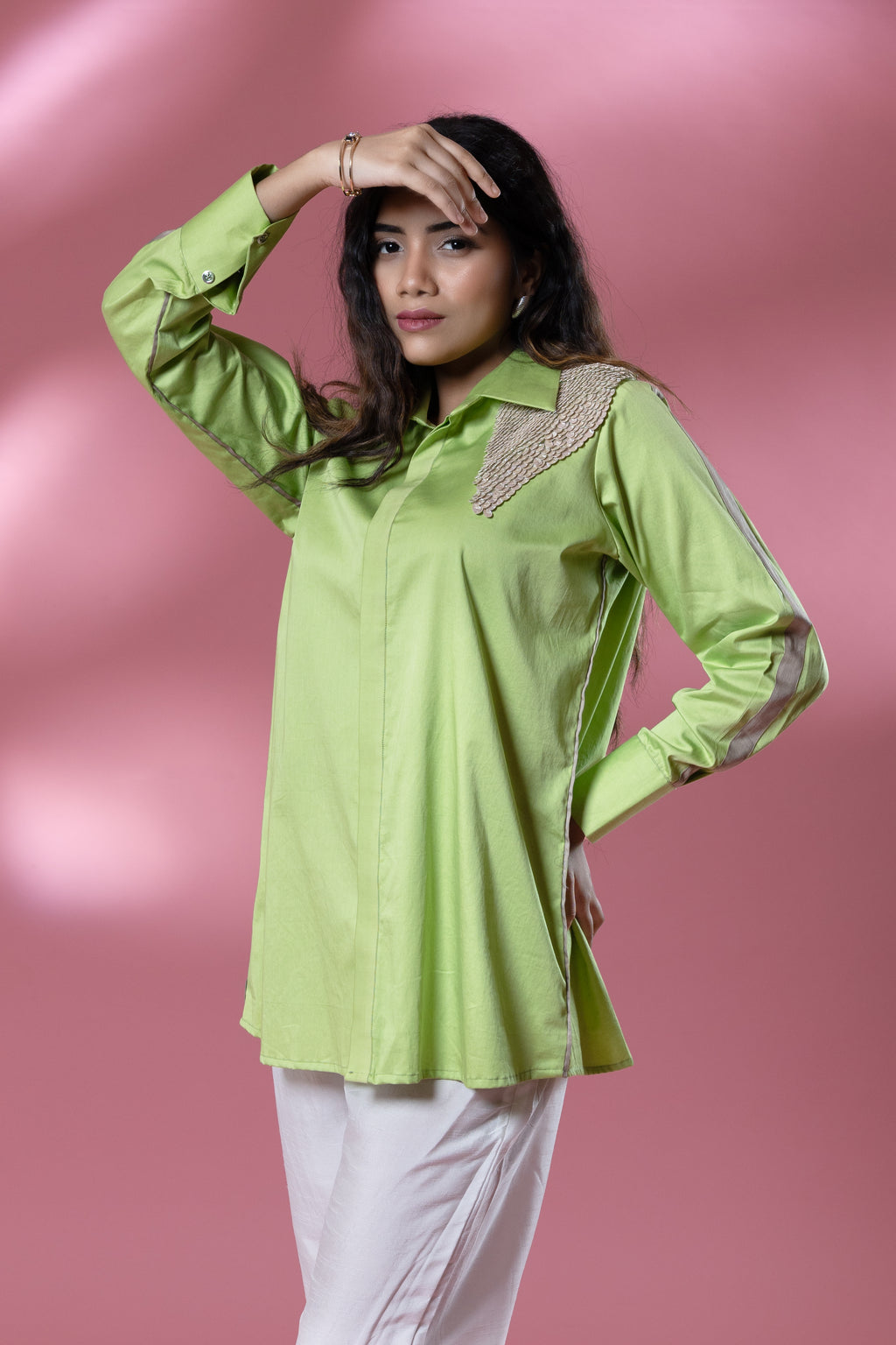 Green Italian Cotton Sequin Patch Shirt