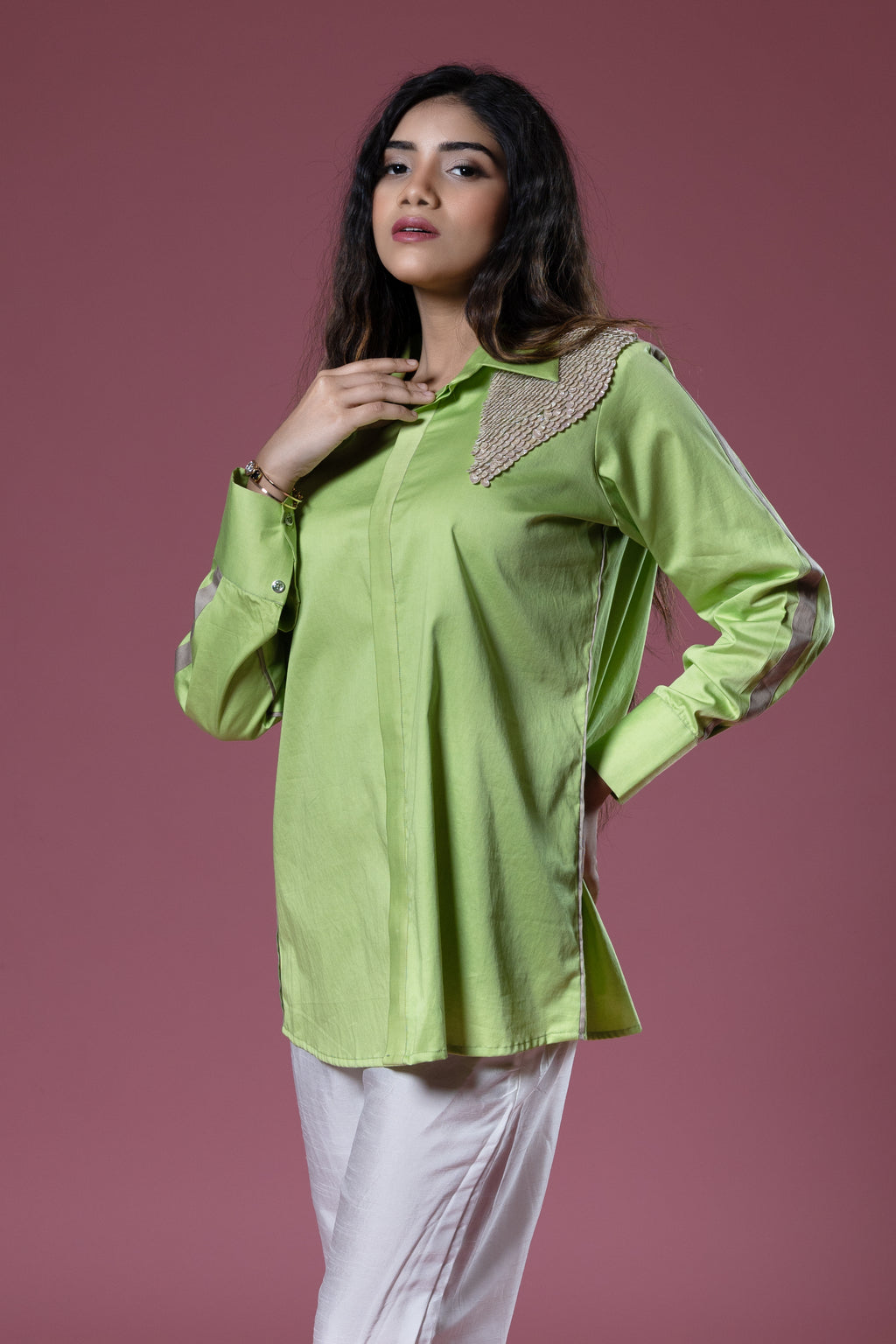 Green Italian Cotton Sequin Patch Shirt