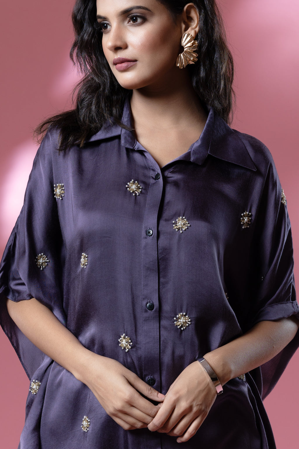 Lavender Bemberg Satin Flowy Embroidered Shirt