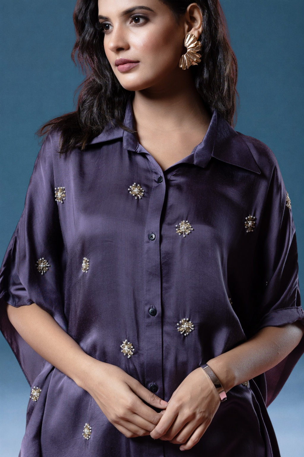Lavender Bemberg Satin Flowy Embroidered Shirt