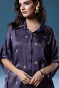 Lavender Bemberg Satin Flowy Embroidered Shirt