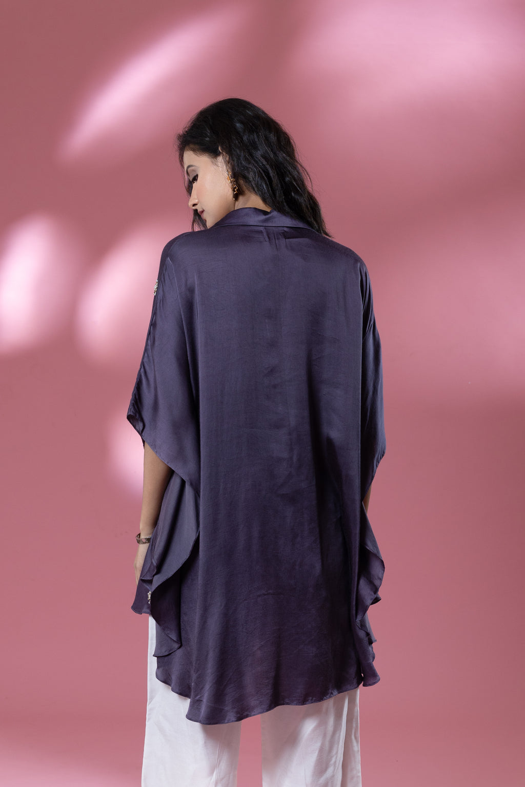 Lavender Bemberg Satin Flowy Embroidered Shirt