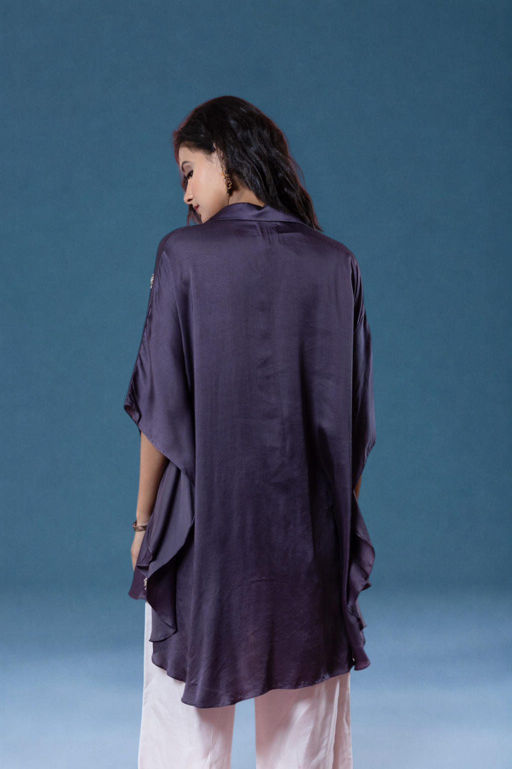 Lavender Bemberg Satin Flowy Embroidered Shirt