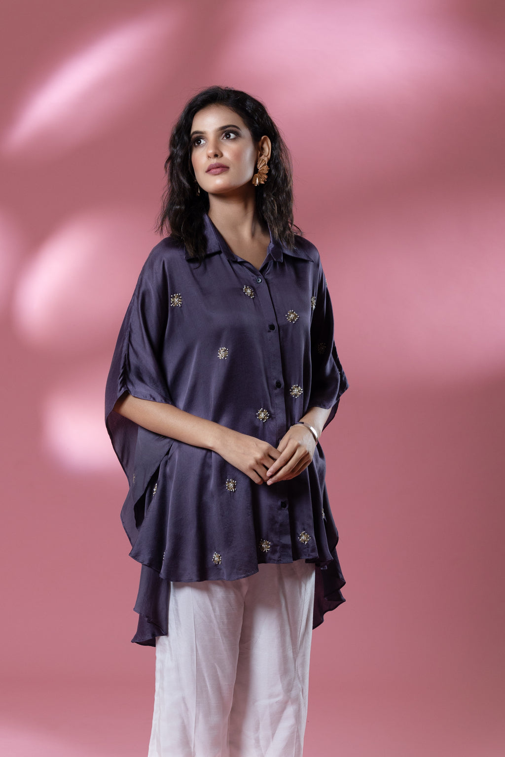 Lavender Bemberg Satin Flowy Embroidered Shirt