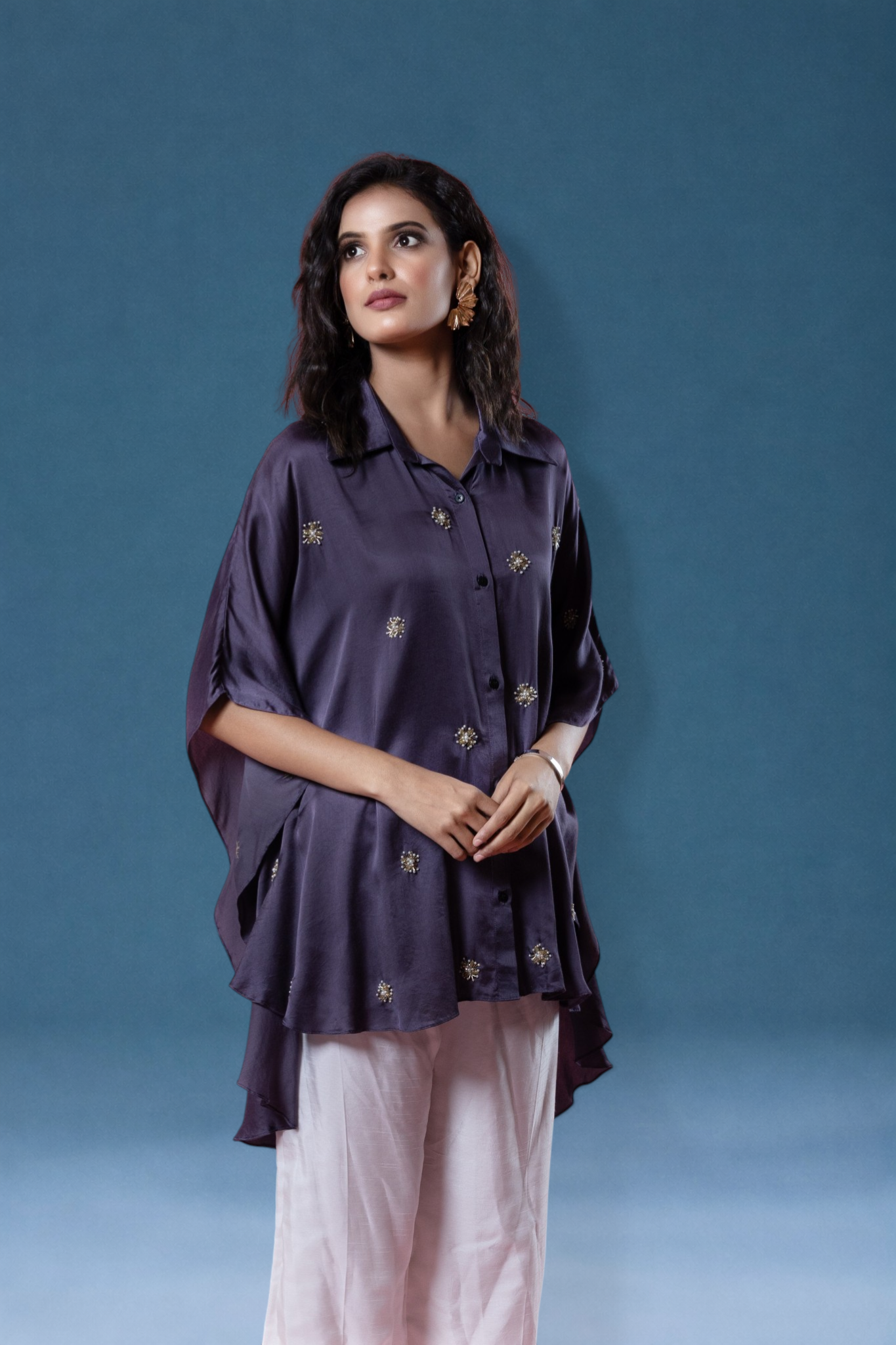 Lavender Bemberg Satin Flowy Embroidered Shirt