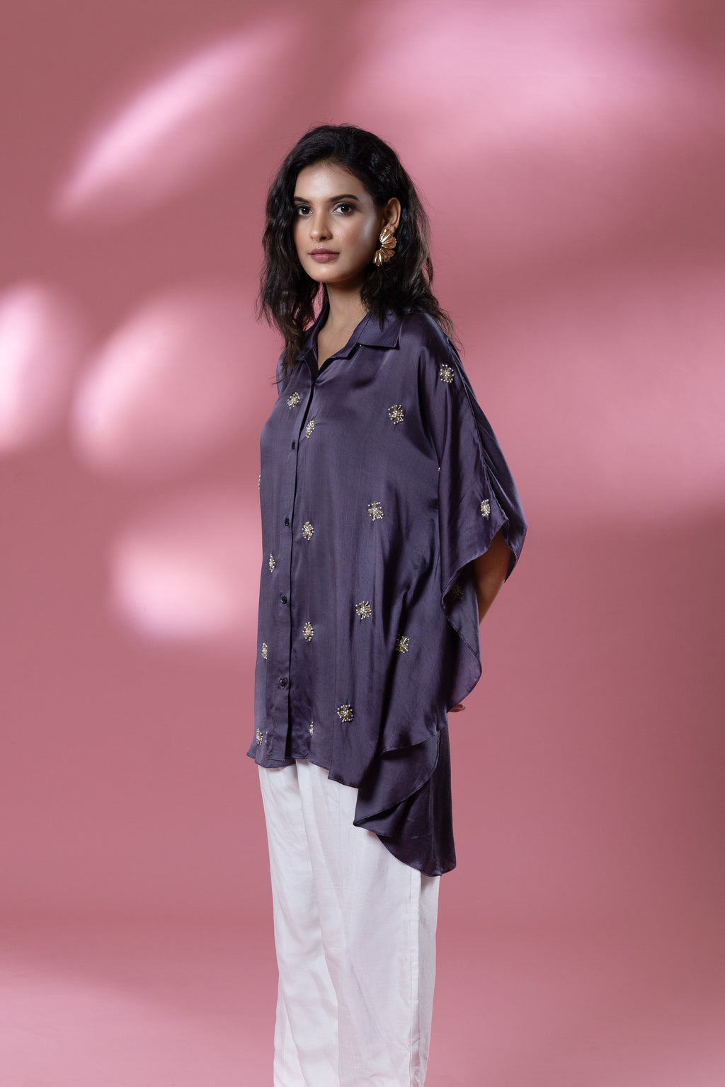 Lavender Bemberg Satin Flowy Embroidered Shirt