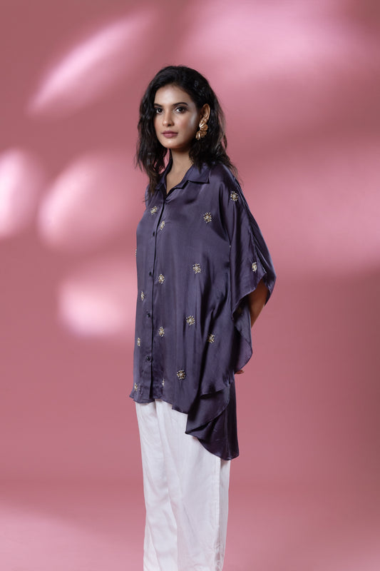 Lavender Bemberg Satin Flowy Embroidered Shirt