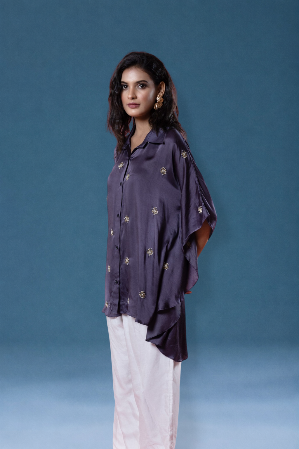 Lavender Bemberg Satin Flowy Embroidered Shirt