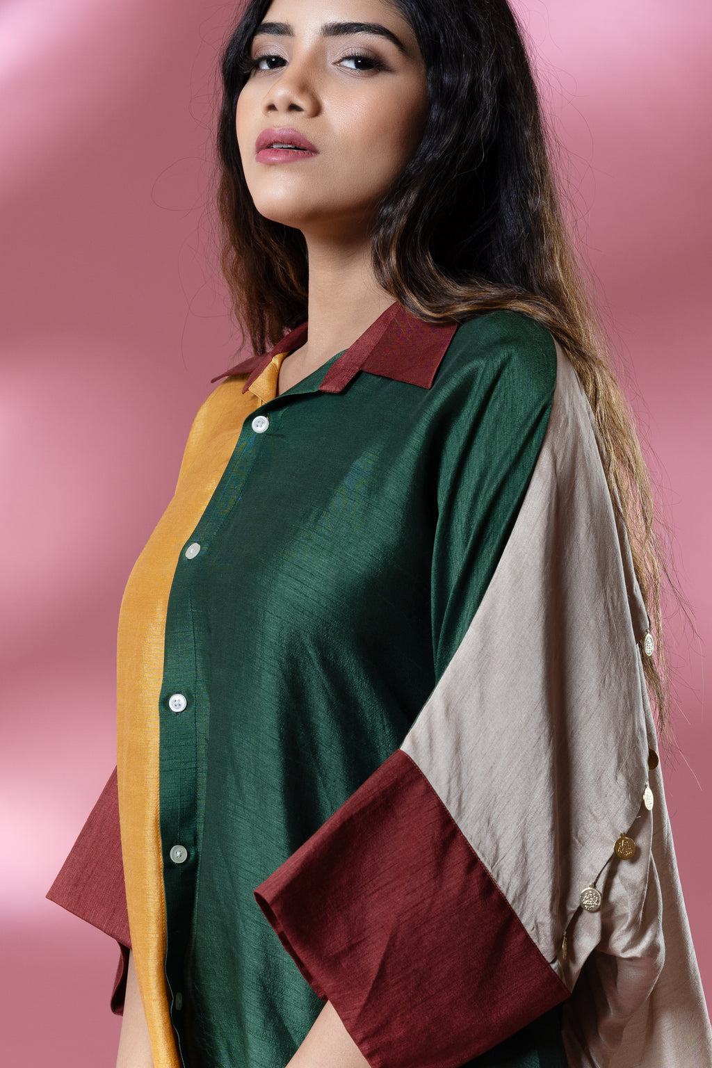 Green & Yellow Bemberg Silk Boho Stamp Coin Oversized Shirt