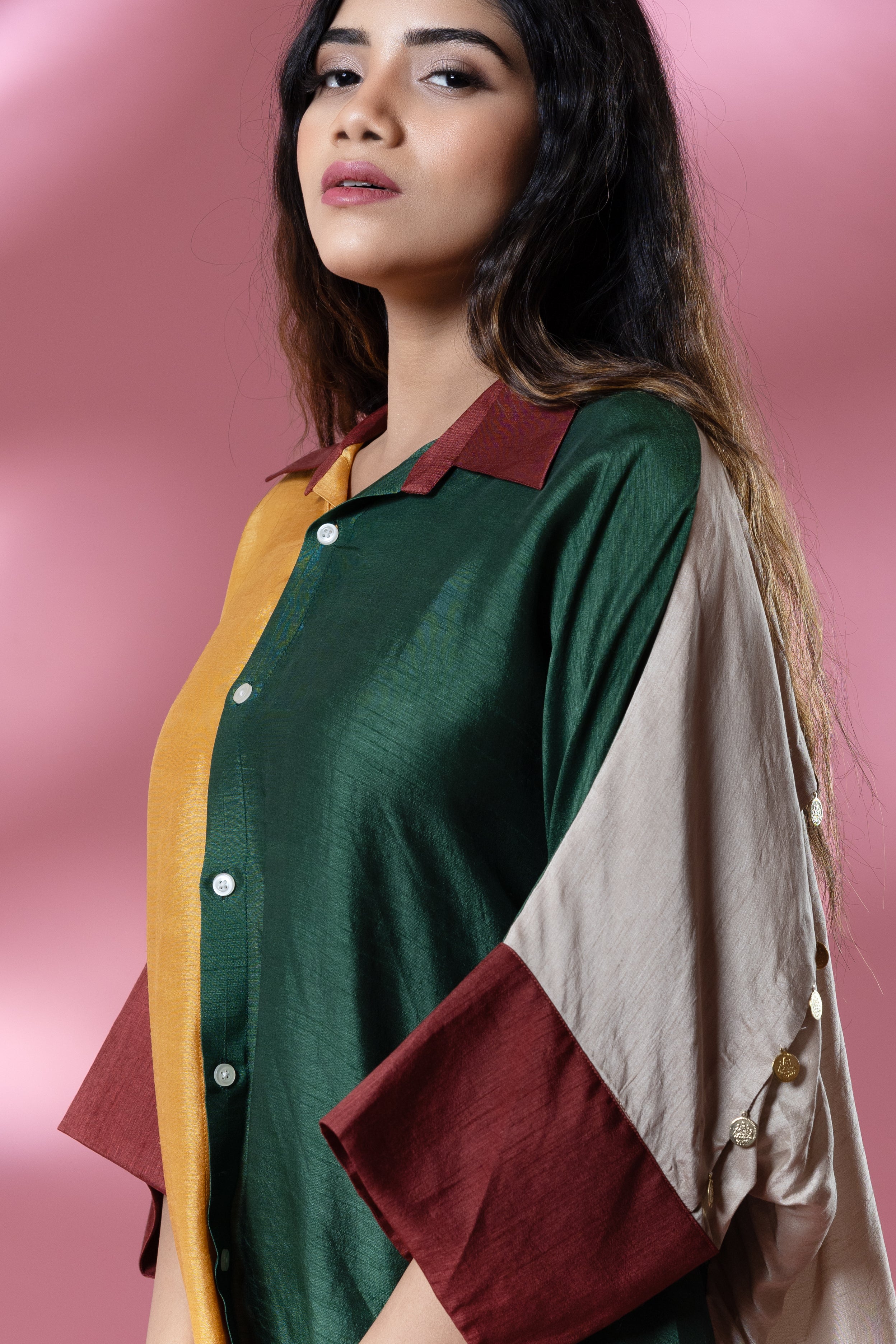 Green & Yellow Bemberg Silk Boho Stamp Coin Oversized Shirt