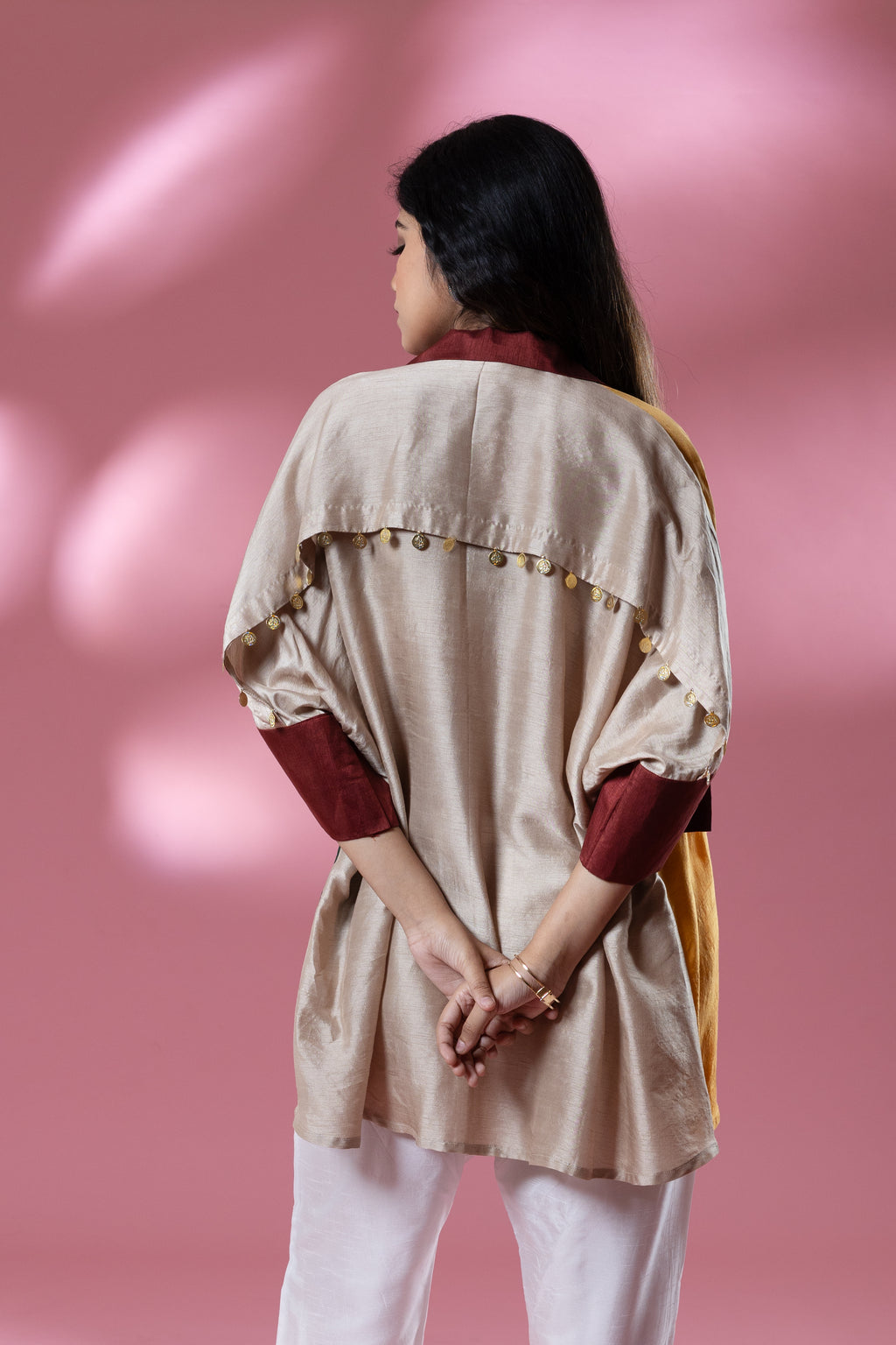Green & Yellow Bemberg Silk Boho Stamp Coin Oversized Shirt