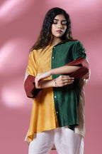 Green & Yellow Bemberg Silk Boho Stamp Coin Oversized Shirt