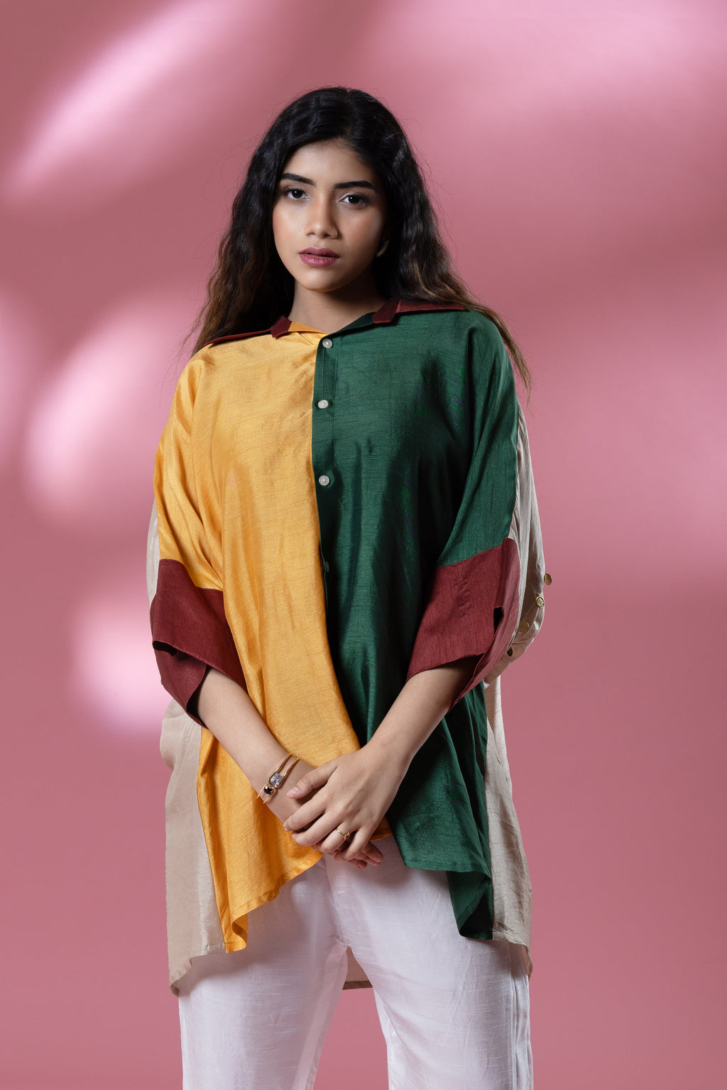 Green & Yellow Bemberg Silk Boho Stamp Coin Oversized Shirt