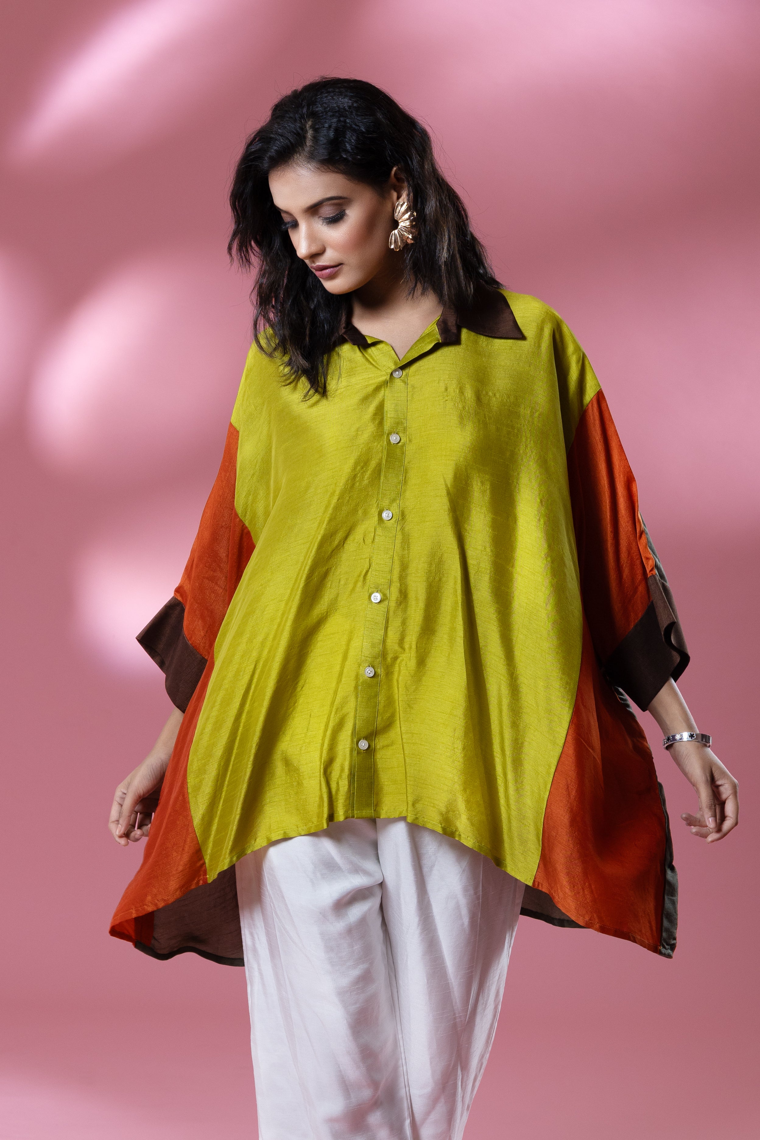 Green Multi-Colour Bemberg Silk Boho Oversized Shirt