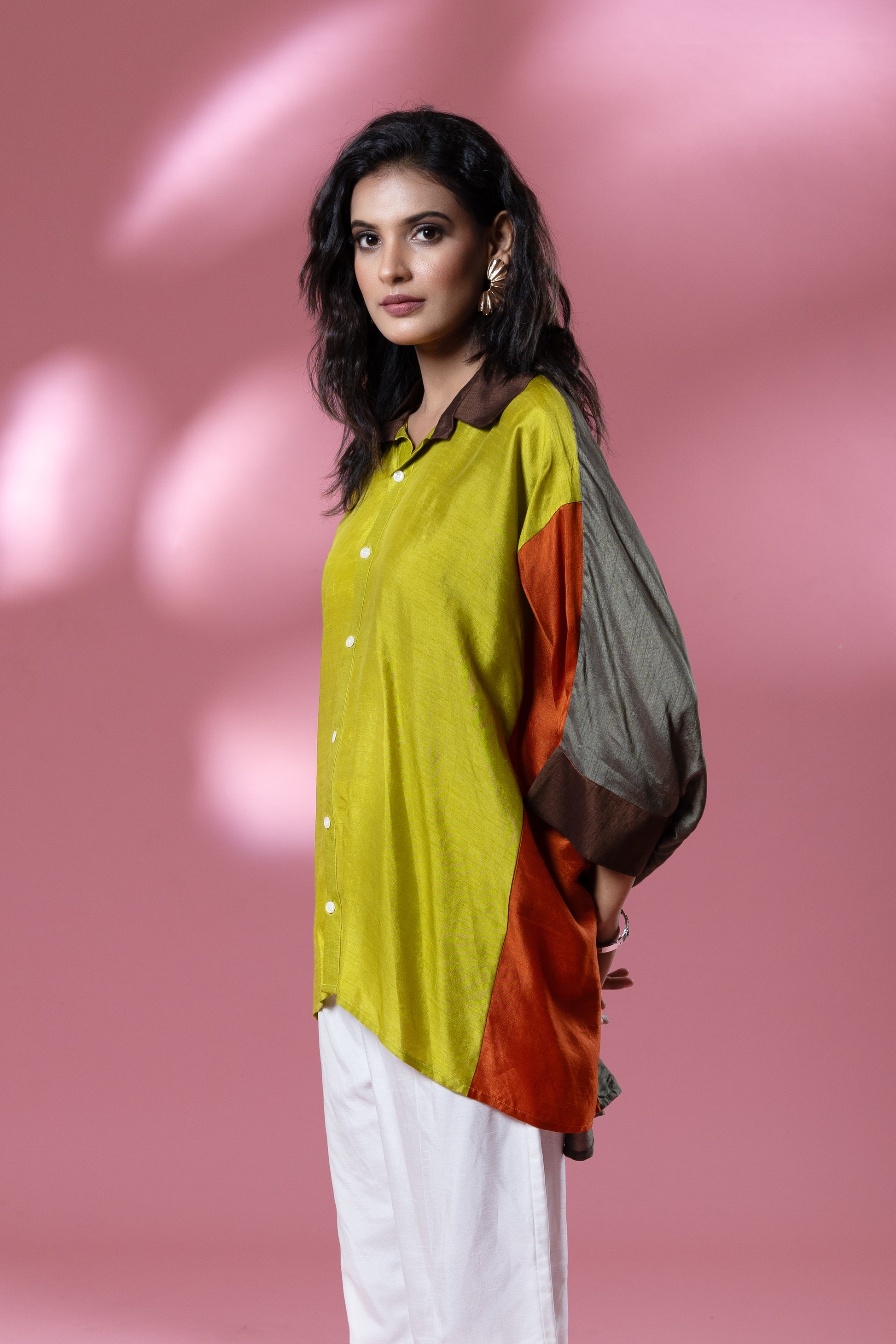 Green Multi-Colour Bemberg Silk Boho Oversized Shirt
